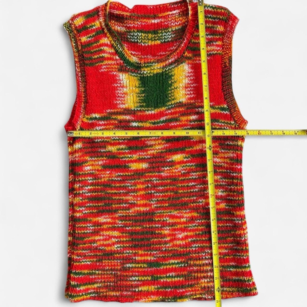 Vintage Handmade Retro 70s Red Green Yellow Knit Sleeveless Sweater Vest - Picture 5 of 5